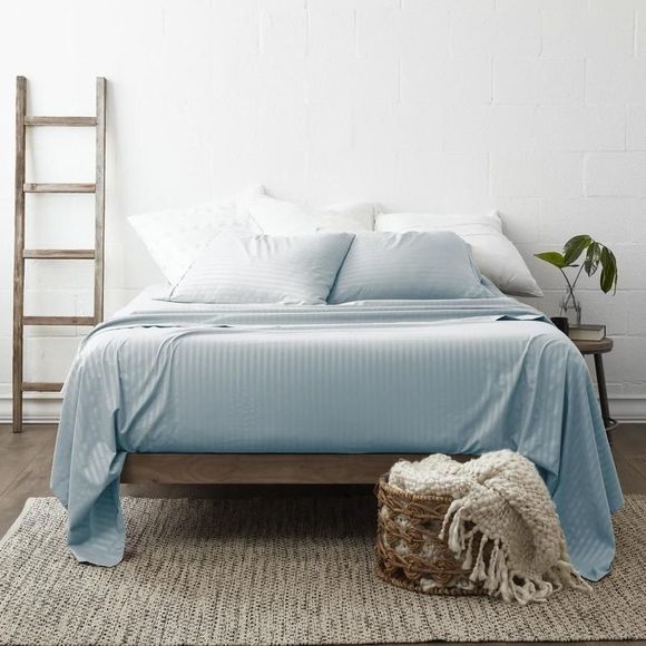 Embossed Striped Bed Sheet Collection (4-Piece), Light Blue, King - Picture 3 of 4